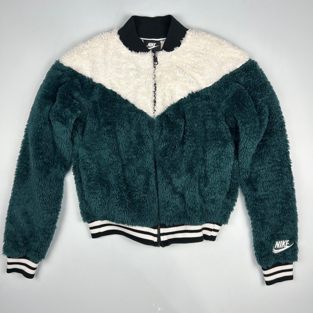 Nike Sportswear Sherpa Fleece Bomber Jacket Green White Chevron Womens XS